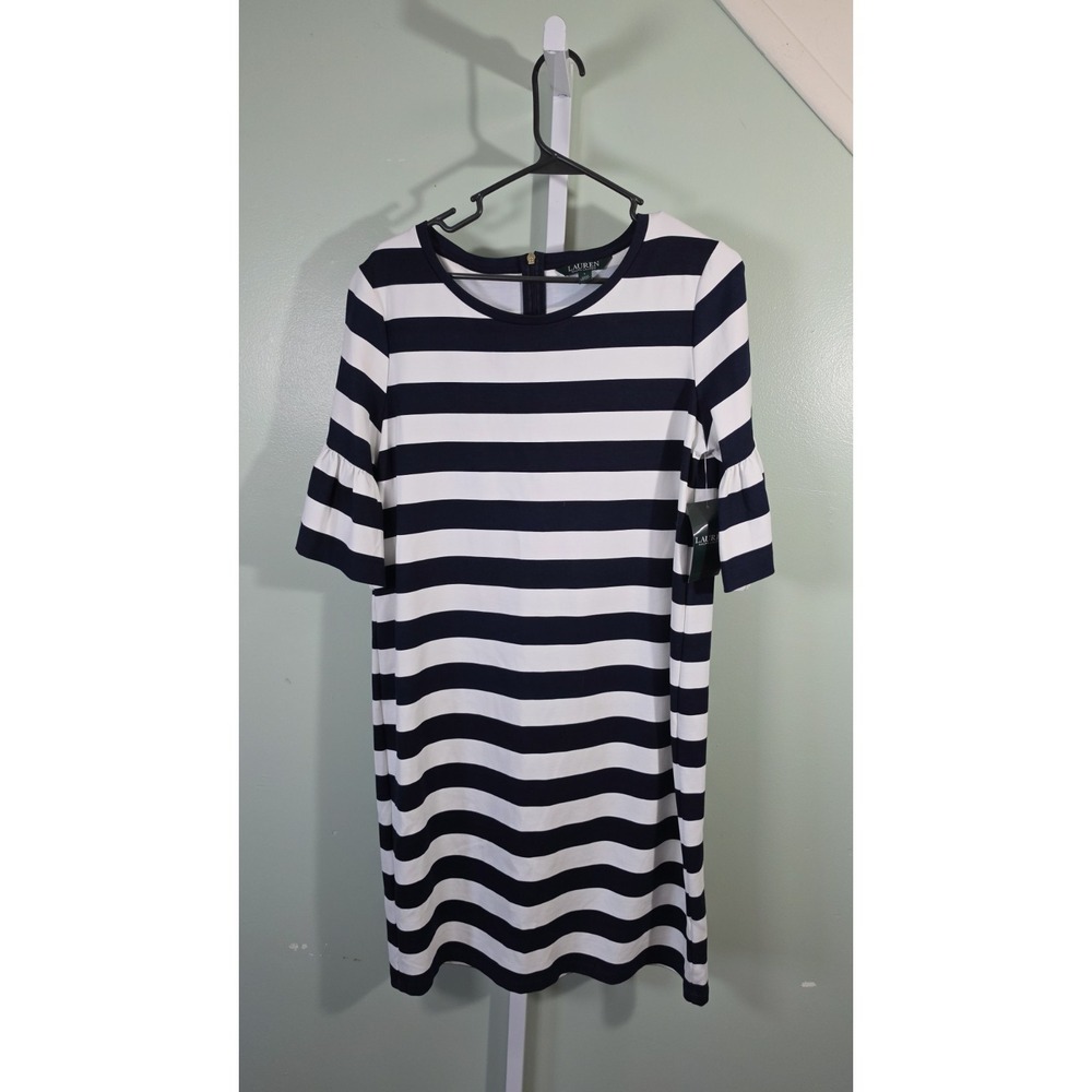 Lauren Ralph Lauren Women's Striped Bell-Sleeve Shift Dress Navy/White Large